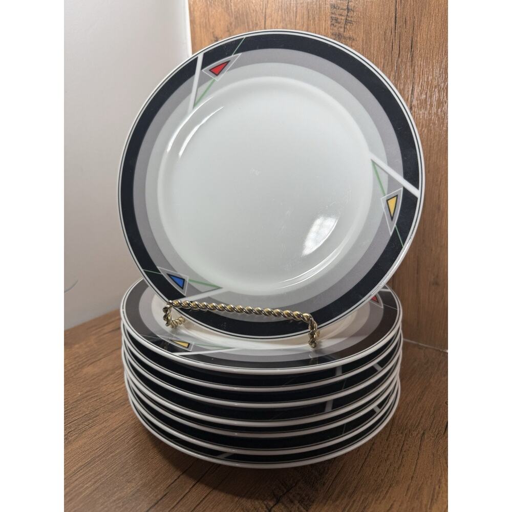 Set 8 International Japan Rockets Salad Plate Grey & Geometrical Triangles 90s